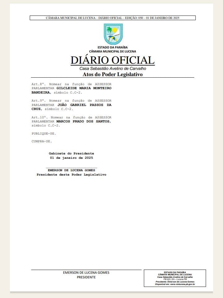 Mersinho Da Up Nomeia 14 Pessoas Para A Câmara Municipal De Lucena – Veja Portaria